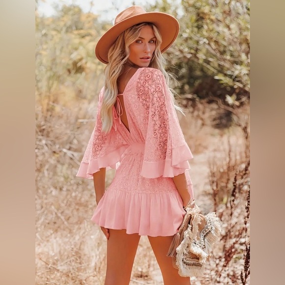 NWT-Bohemian Lace Dress w/ Deep Neck and Batwing - Picture 4 of 8